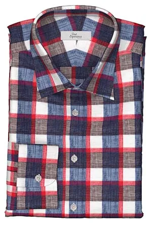 Albini リネン　ネイビー×ブラウン×レッド格子(Y102974)